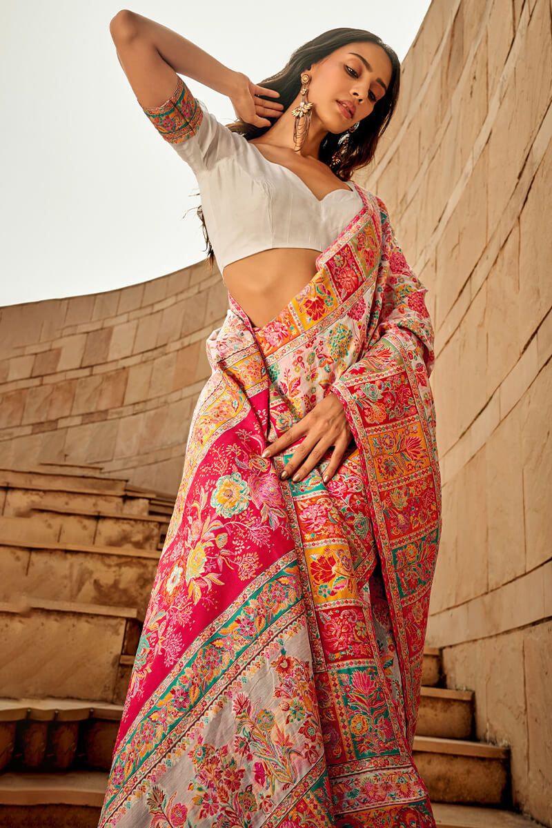 Elegant Beige Pashmina Saree With Adorning Blouse Piece