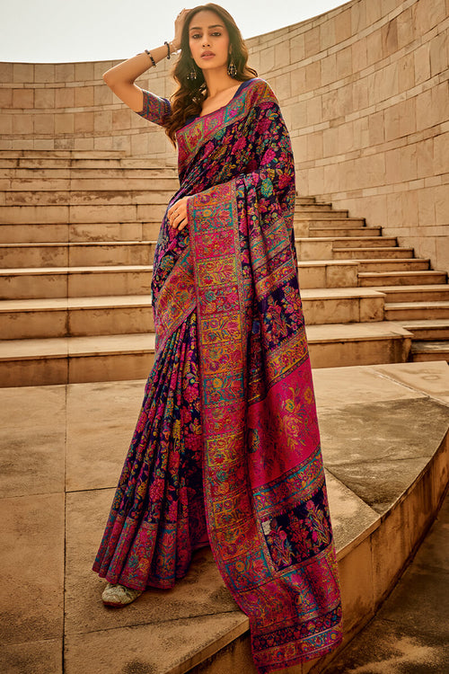 Load image into Gallery viewer, Invaluable Navy Blue Pashmina Saree With Intricate Blouse Piece
