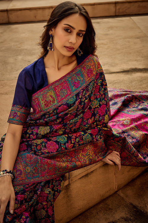 Load image into Gallery viewer, Invaluable Navy Blue Pashmina Saree With Intricate Blouse Piece
