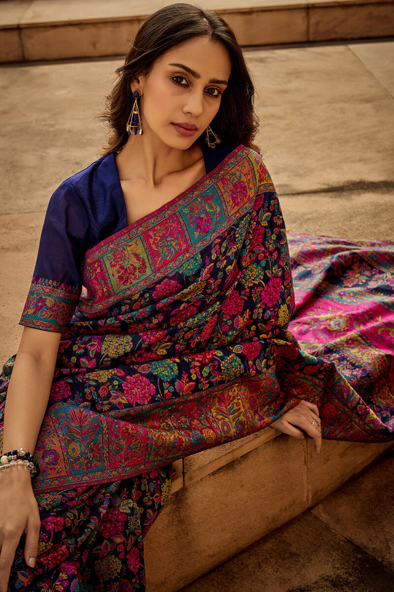 Invaluable Navy Blue Pashmina Saree With Intricate Blouse Piece