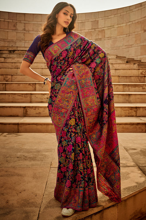 Load image into Gallery viewer, Invaluable Navy Blue Pashmina Saree With Intricate Blouse Piece
