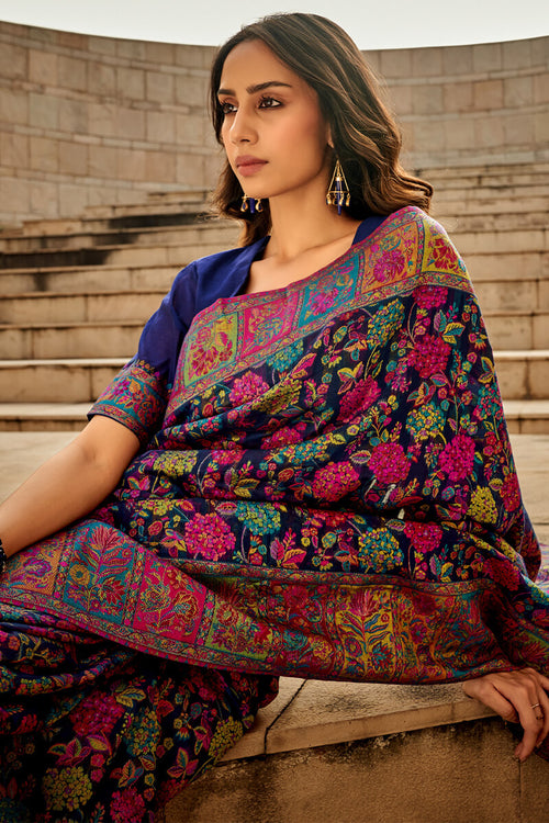 Load image into Gallery viewer, Invaluable Navy Blue Pashmina Saree With Intricate Blouse Piece
