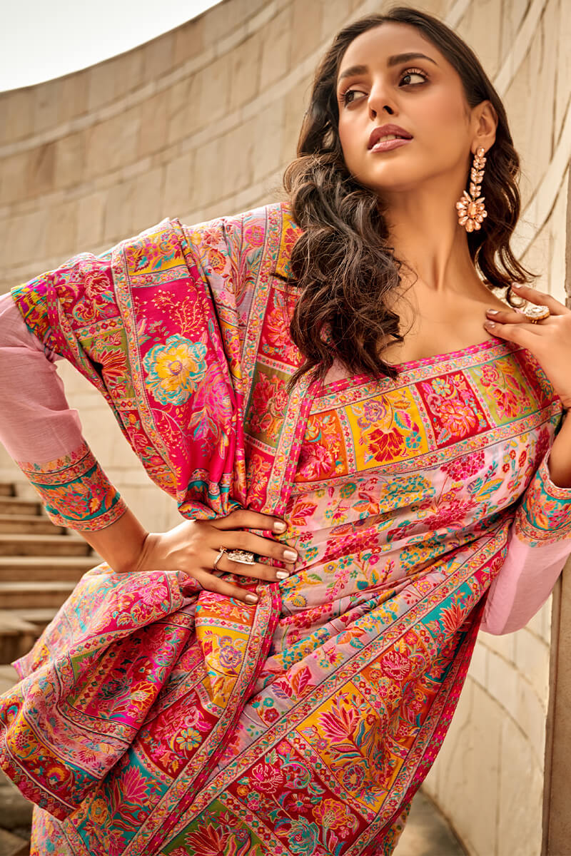 Adorable Pink Pashmina Saree With Exceptional Blouse Piece