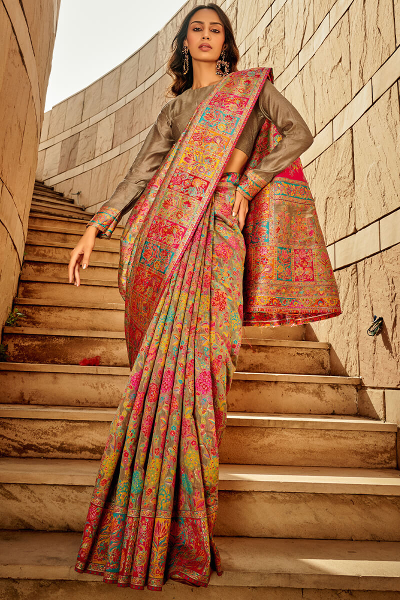 Pleasant Grey Pashmina Saree With Inspiring Blouse Piece