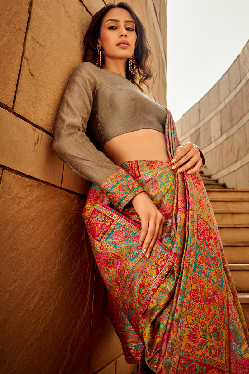 Pleasant Grey Pashmina Saree With Inspiring Blouse Piece