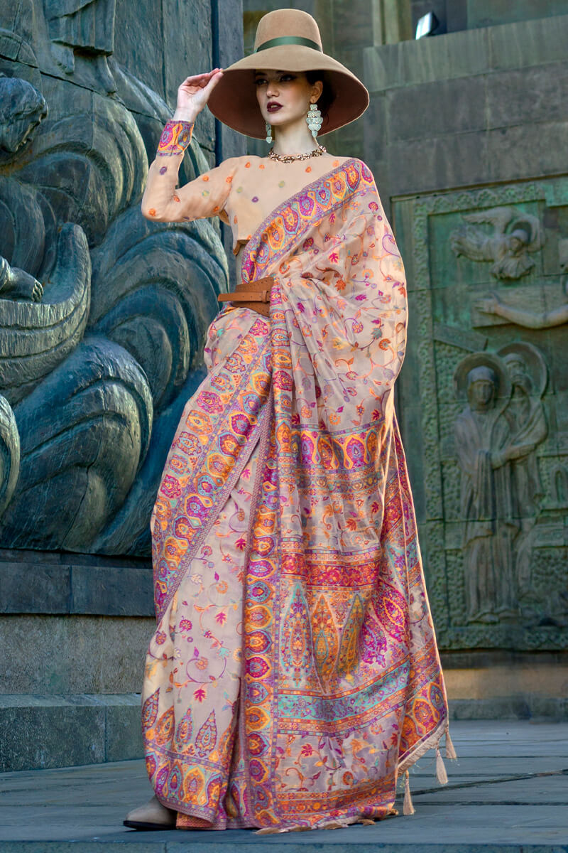 Bucolic Beige Pashmina Saree With Beauteous Blouse Piece