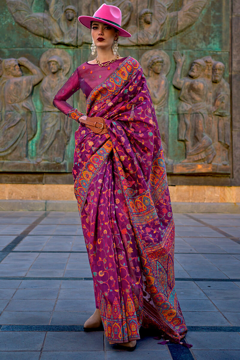 Prettiest Purple Pashmina Saree With Flamboyant Blouse Piece