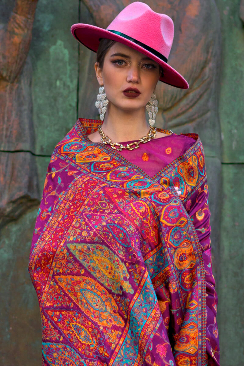 Prettiest Purple Pashmina Saree With Flamboyant Blouse Piece