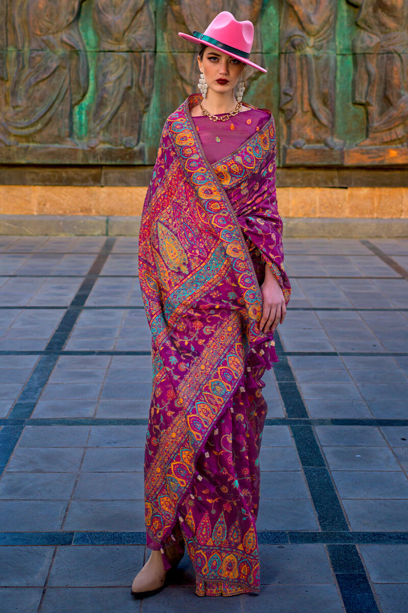 Prettiest Purple Pashmina Saree With Flamboyant Blouse Piece