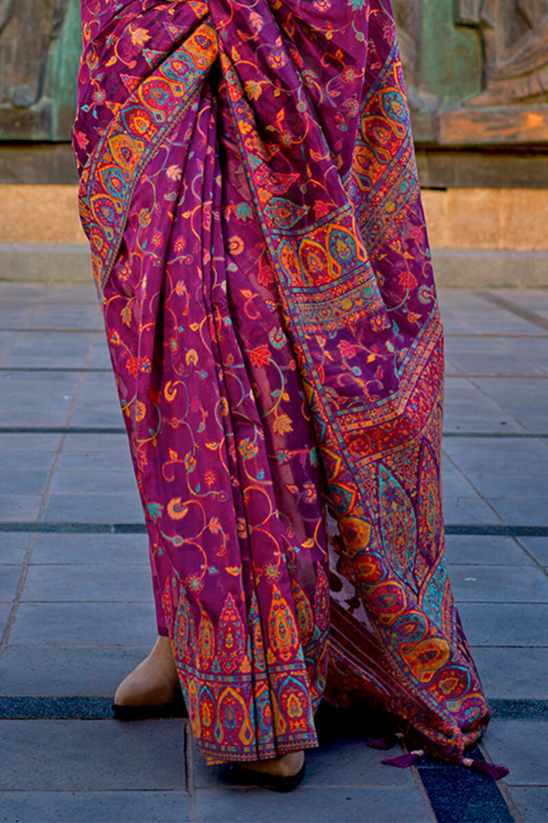 Prettiest Purple Pashmina Saree With Flamboyant Blouse Piece