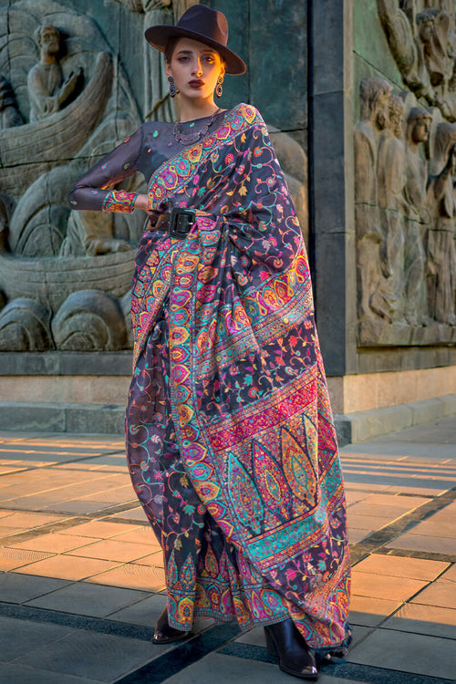 Load image into Gallery viewer, Designer Grey Pashmina Saree With Glowing Blouse Piece
