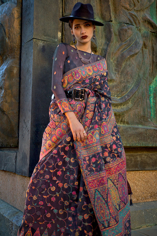 Load image into Gallery viewer, Designer Grey Pashmina Saree With Glowing Blouse Piece
