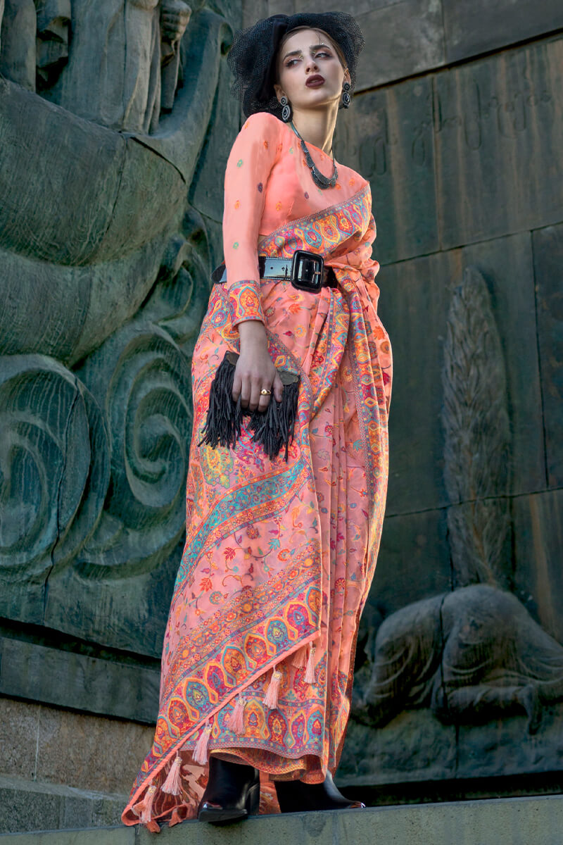 Stylish Peach Pashmina Saree With Sensational Blouse Piece