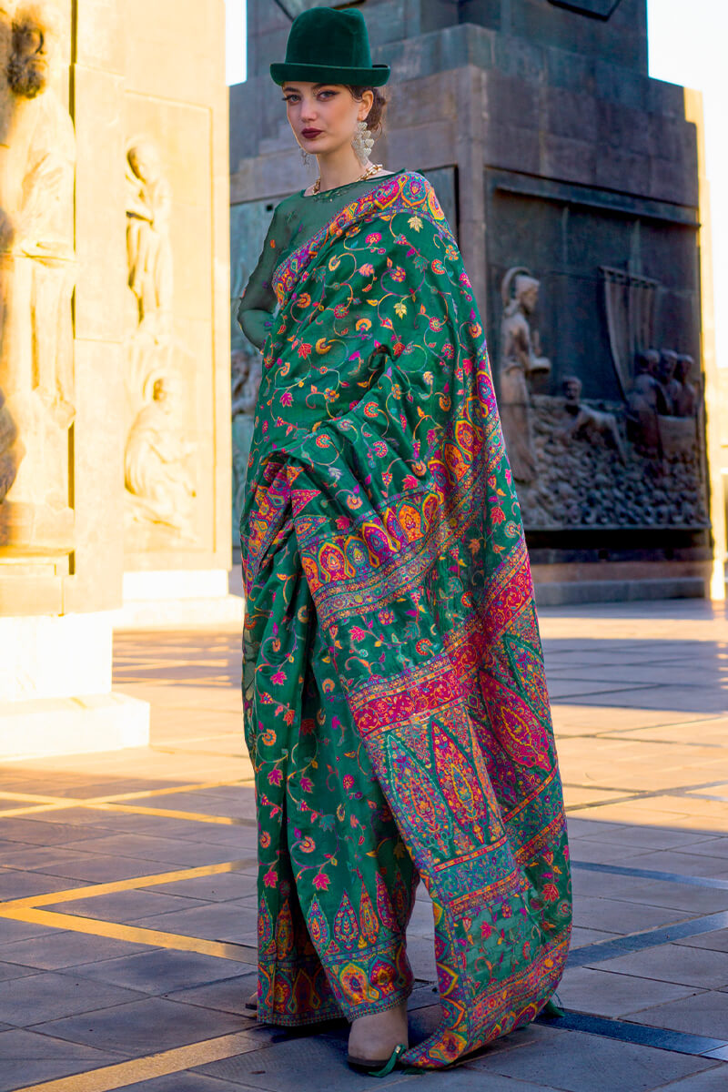 Precious Green Pashmina Saree With Flattering Blouse Piece