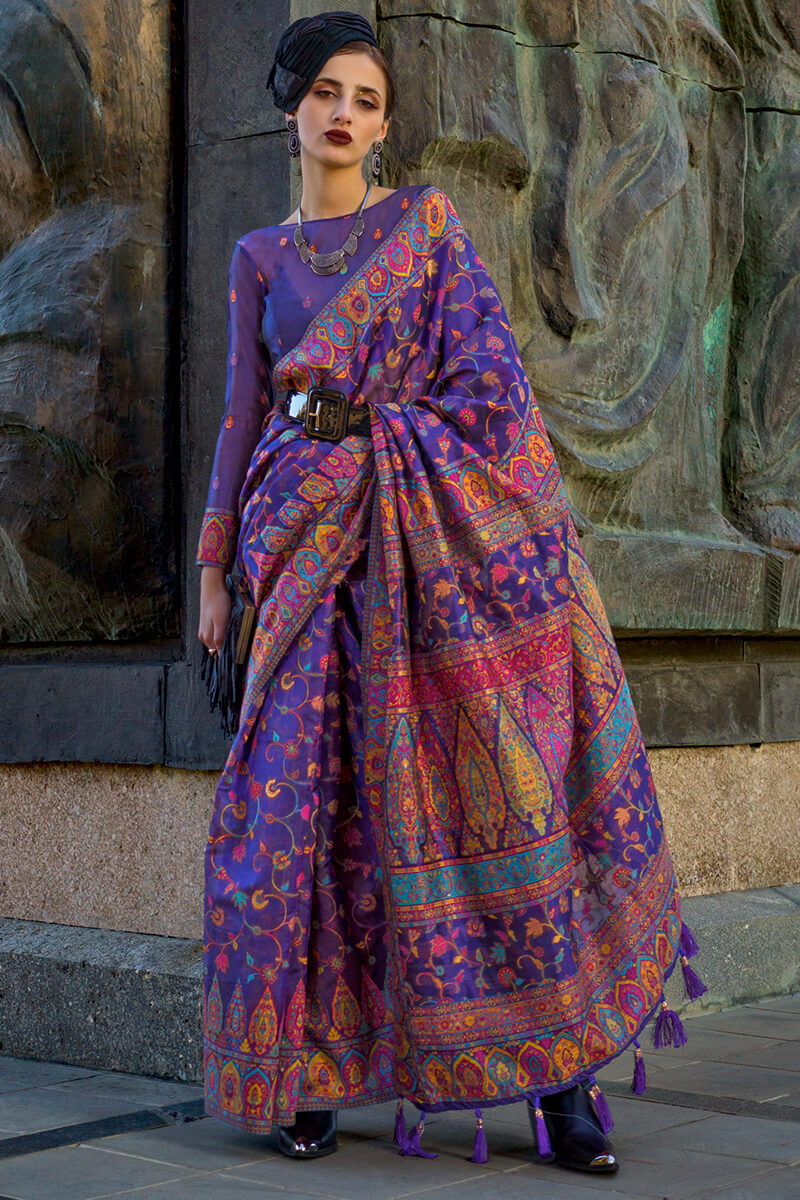 Demanding Royal Blue Pashmina Saree With Jazzy Blouse Piece