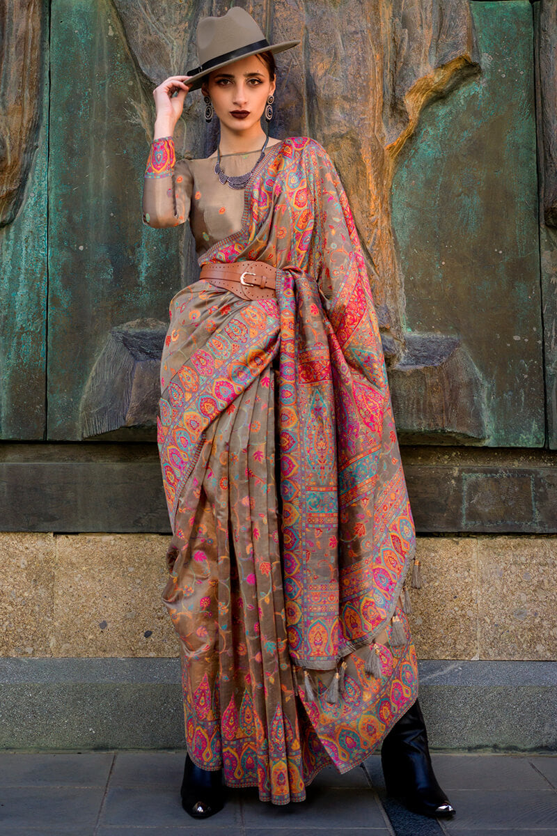 Inspiring Brown Pashmina Saree With Fairytale Blouse Piece