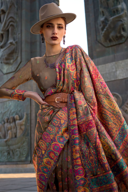 Load image into Gallery viewer, Inspiring Brown Pashmina Saree With Fairytale Blouse Piece
