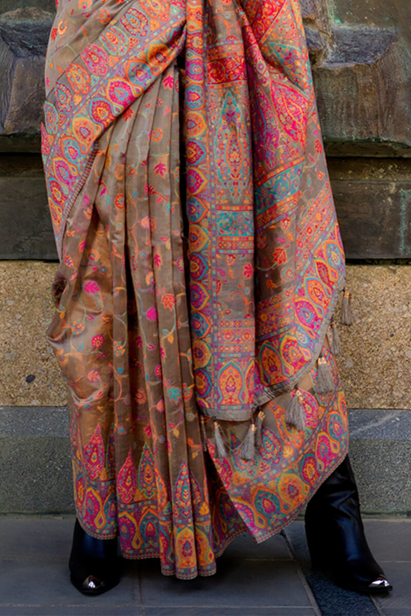 Inspiring Brown Pashmina Saree With Fairytale Blouse Piece