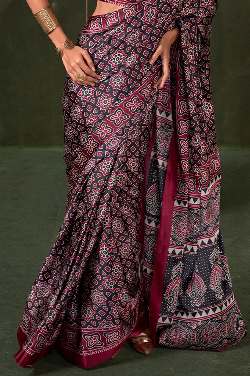 Embellished Wine Ajrakh Printed Satin Silk Saree With Majestic Blouse Piece