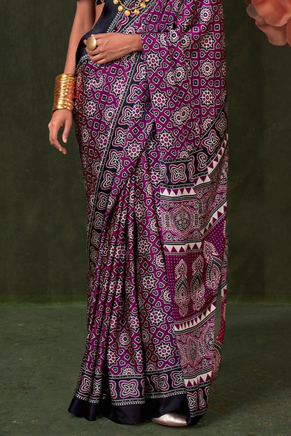 Flamboyant Purple Ajrakh Printed Satin Silk Saree With Sumptuous Blouse Piece