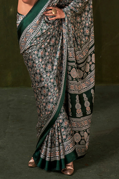 Epiphany Dark Green Ajrakh Printed Satin Silk Saree With Glittering Blouse Piece