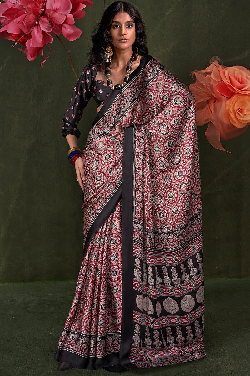 Grandiose Black Ajrakh Printed Satin Silk Saree With Propinquity Blouse Piece
