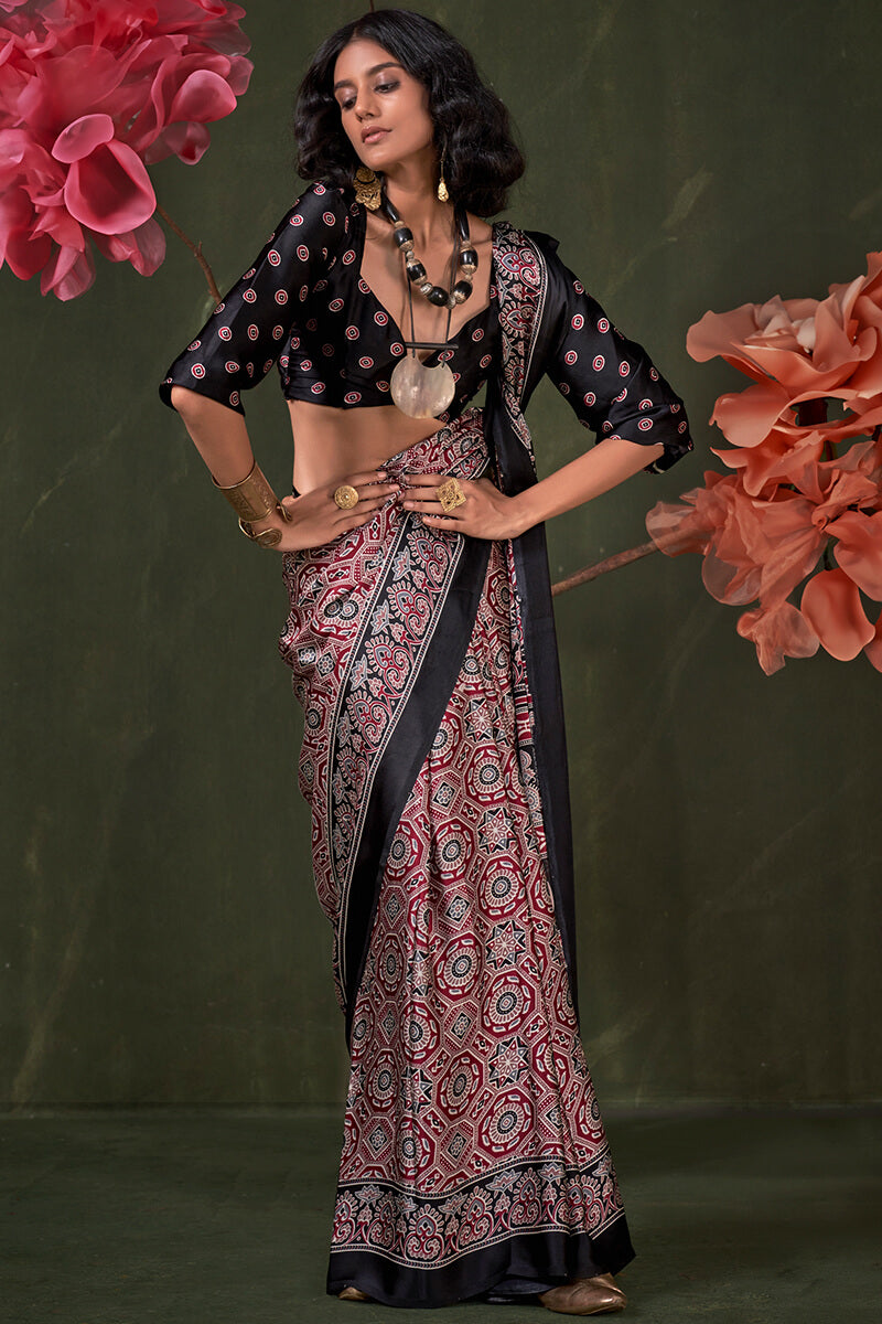 Grandiose Black Ajrakh Printed Satin Silk Saree With Propinquity Blouse Piece