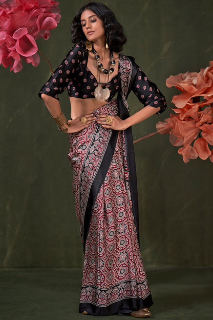 Grandiose Black Ajrakh Printed Satin Silk Saree With Propinquity Blouse Piece