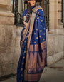 Gorgeous Navy Blue Soft Banarasi Silk Saree With Charming Blouse Piece