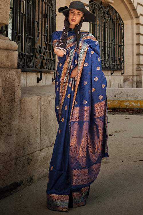 Load image into Gallery viewer, Gorgeous Navy Blue Soft Banarasi Silk Saree With Charming Blouse Piece
