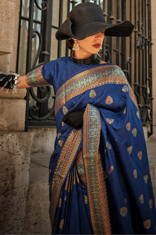 Load image into Gallery viewer, Gorgeous Navy Blue Soft Banarasi Silk Saree With Charming Blouse Piece
