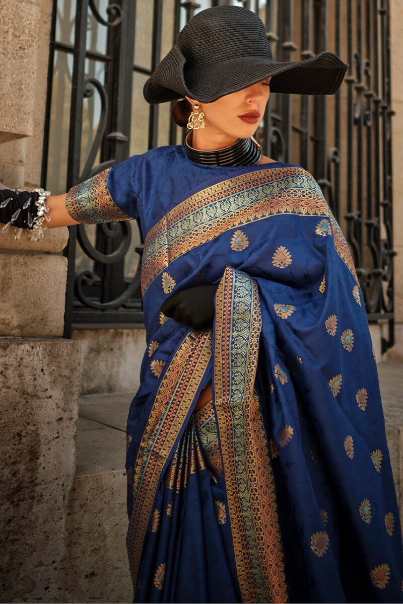 Gorgeous Navy Blue Soft Banarasi Silk Saree With Charming Blouse Piece