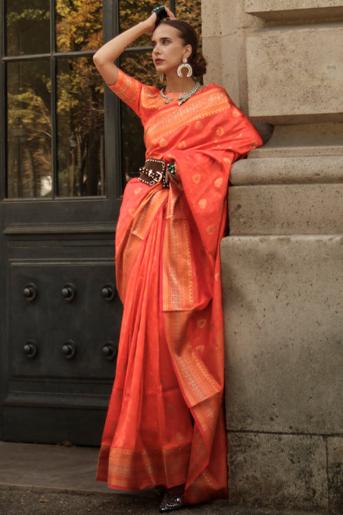 Load image into Gallery viewer, Appealing Orange Soft Banarasi Silk Saree With Groovy Blouse Piece
