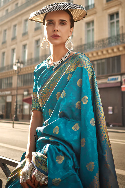 Load image into Gallery viewer, Desirable Firozi Soft Banarasi Silk Saree With Appealing Blouse Piece
