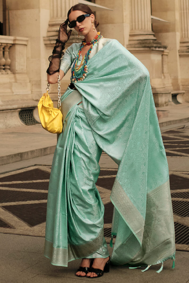 Attractive Sea Green Soft Banarasi Silk Saree With Whimsical Blouse Piece