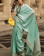 Attractive Sea Green Soft Banarasi Silk Saree With Whimsical Blouse Piece