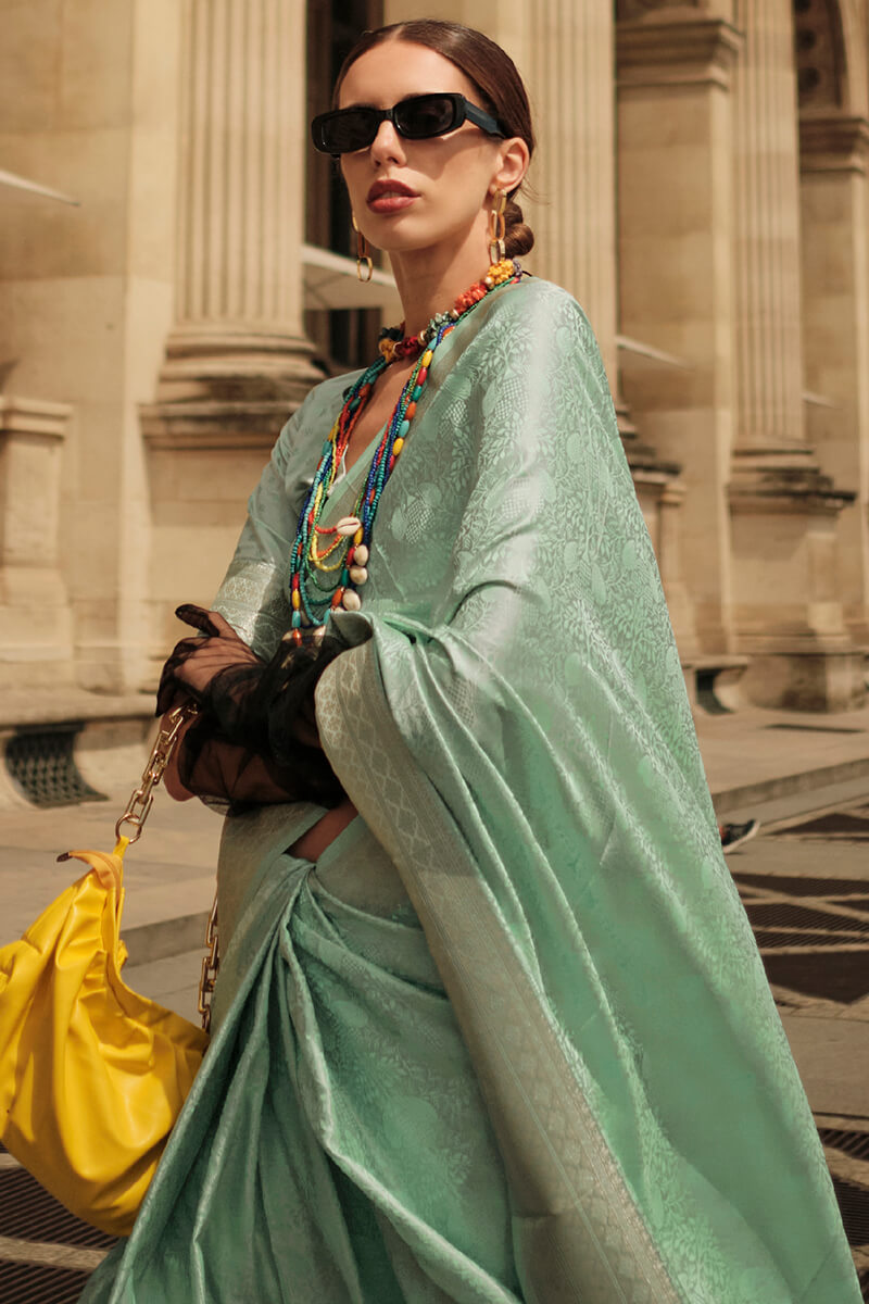 Attractive Sea Green Soft Banarasi Silk Saree With Whimsical Blouse Piece