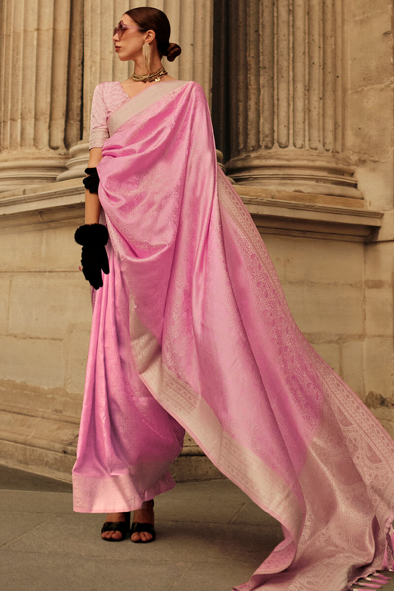 Gratifying Pink Soft Banarasi Silk Saree With Nebula Blouse Piece