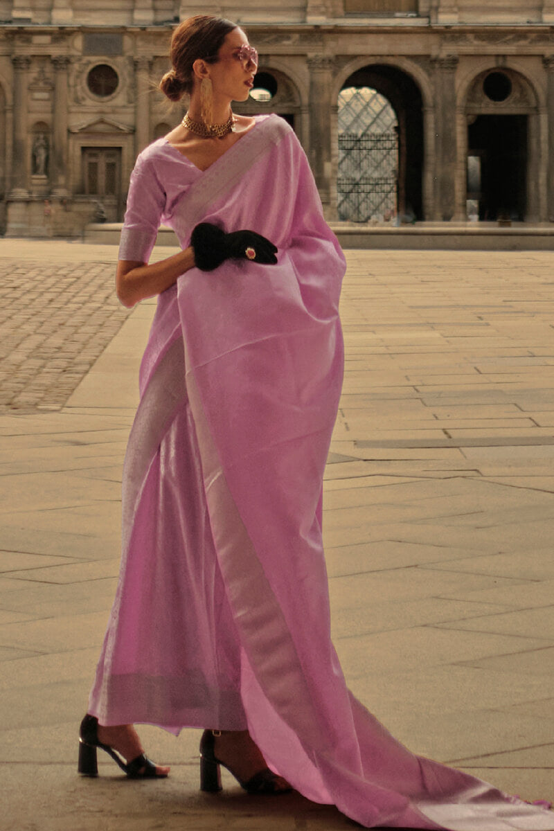 Gratifying Pink Soft Banarasi Silk Saree With Nebula Blouse Piece