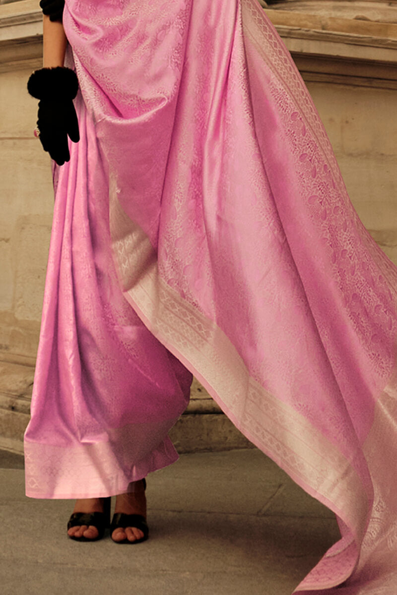 Gratifying Pink Soft Banarasi Silk Saree With Nebula Blouse Piece