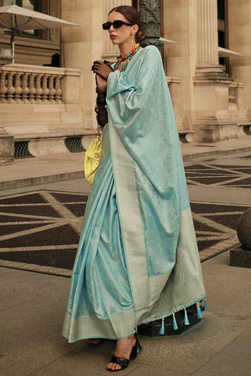 Load image into Gallery viewer, Smart Sky Soft Banarasi Silk Saree With Beguiling Blouse Piece
