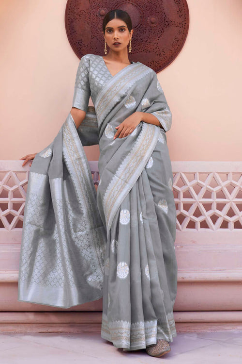 Load image into Gallery viewer, Elegant Grey Cotton Silk Saree With Sensational Blouse Piece
