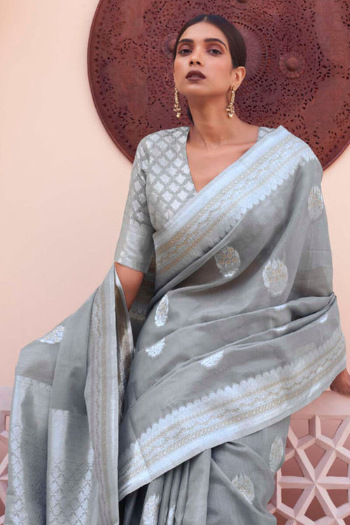 Load image into Gallery viewer, Elegant Grey Cotton Silk Saree With Sensational Blouse Piece
