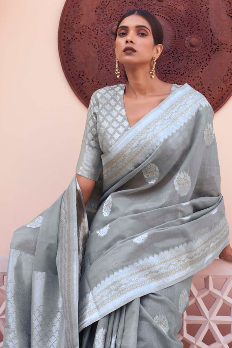 Elegant Grey Cotton Silk Saree With Sensational Blouse Piece