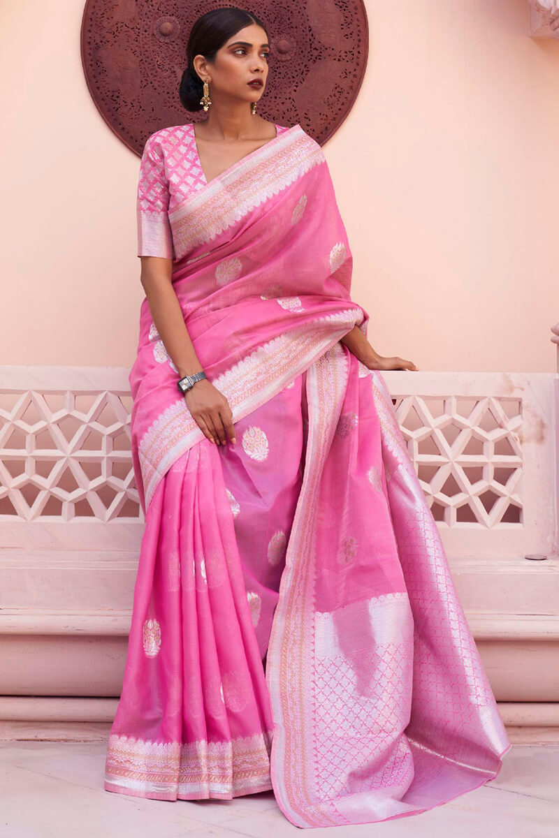 Outstanding Dark Pink Cotton Silk Saree With Girlish Blouse Piece