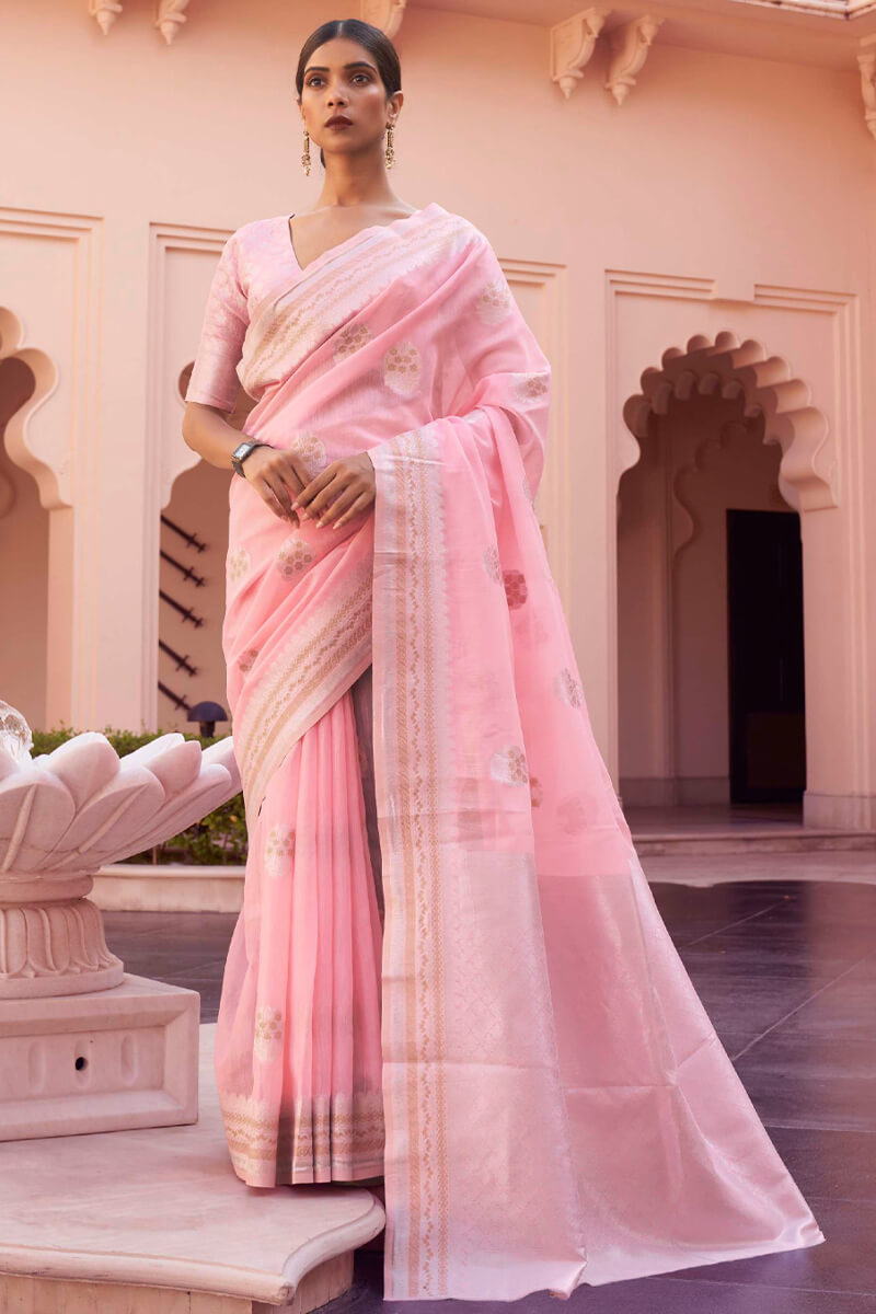 Prominent Baby Pink Cotton Silk Saree With Pleasant Blouse Piece