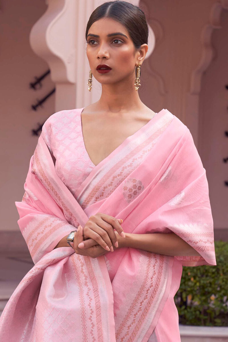 Prominent Baby Pink Cotton Silk Saree With Pleasant Blouse Piece