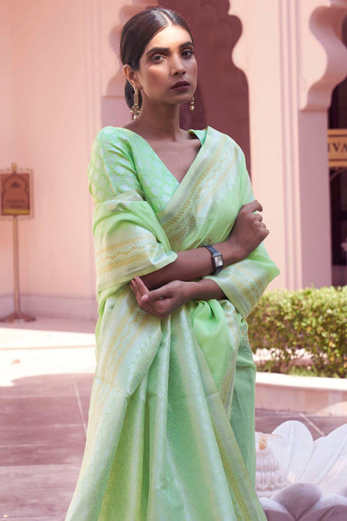 Load image into Gallery viewer, Angelic Pista Cotton Silk Saree With Brood Blouse Piece
