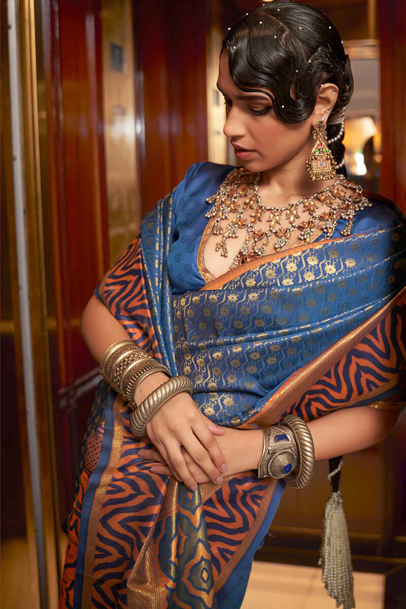 Flamboyant Blue Kanjivaram Silk Saree With Twirling Blouse Piece