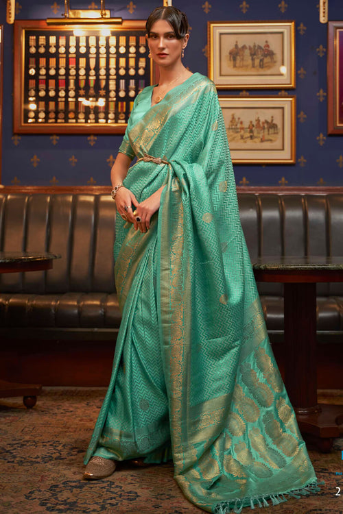 Load image into Gallery viewer, Amazing Sea Green Soft Banarasi Silk Saree With Pretty Blouse Piece
